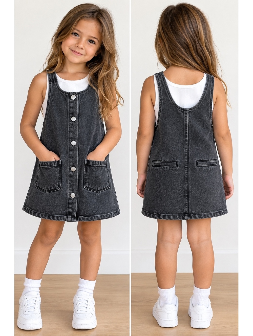 Zara Girls Black Denim Button Front Pinafore Dress Size 4-5 Years
